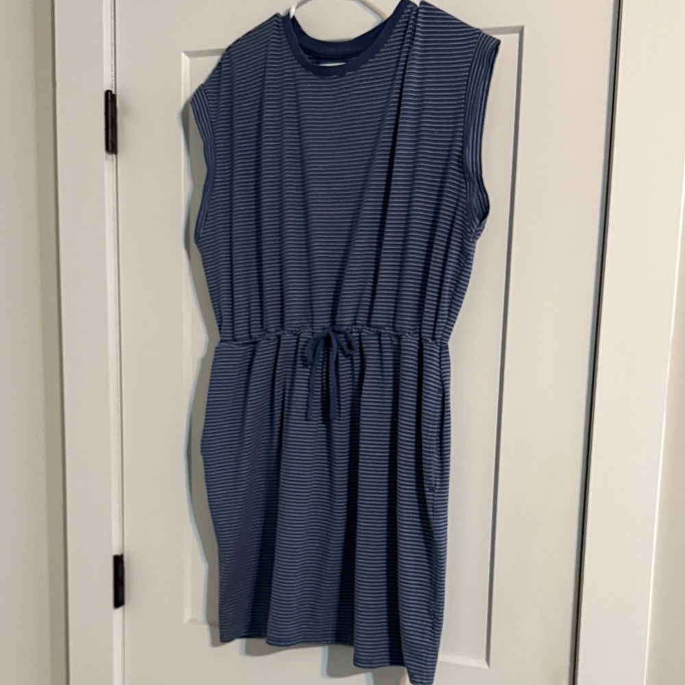 Navy Striped Sleeveless Dress with Drawstring Waist and Pockets